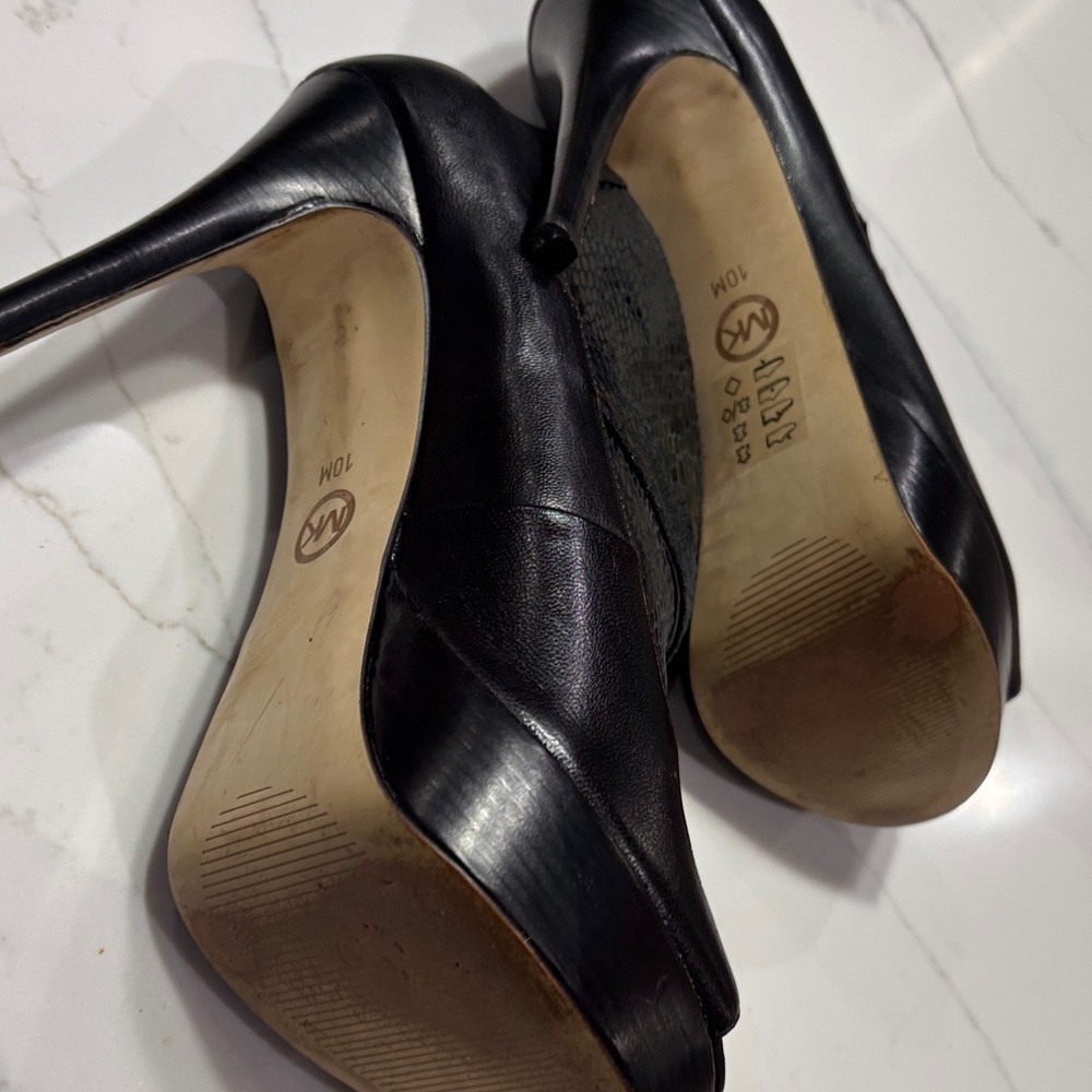 Black Peep-Toe Platform High Heel Booties with Buckle - Picture 12 of 14